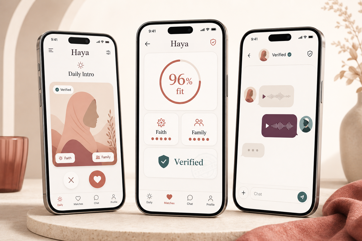 Haya app product mockups showing Daily Intro, compatibility fit, and chat screens